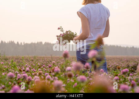 Kaukasische Frau Blumenpflücken in Feld
