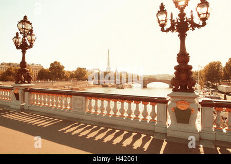 Frankreich, Paris, Pont Alexandre III, Detail, Abend Sonne, Europa, Stadt, Hauptstadt, Brücke, Bogenbrücke, Geländer, Geländer, Laternen, Kerzenleuchter, Kultur, Sehenswürdigkeit, seine, Fluss, Abendlicht Stockfoto