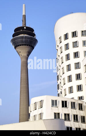 Deutschland, Nordrhein-Westfalen, Düsseldorf, Medienhafen, neue Zoll Gericht, Rheinturm, Gehry Einstellung, Detail, Europe, North Rhine-Westphalia, state Capital, Stadt, Hafen vierter, Architektur, modern, Gebäude, Bau, Hochhaus, Strukturen, Facad Stockfoto