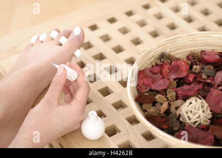 Frau, Pediküre, Detail, Hände, Zehennägel, Lack, Peel, Geruch Potpourri Wellness, Schönheit, Attraktion, Körperpflege, Schönheitspflege, Schönheit, Kosmetik, Fußpflege, Nagellack, Pflege, Pflege, die Hände von Frauen, jung, Zehen-Spreizer, Zehennägel, Nagellack, Lackieren, anwenden, Pe Stockfoto