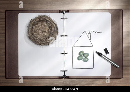 Ordner, Papier, Stift, Vogelnest,, Zeichnung, Haus, Eiern, Arbeitsordner, Seiten, Nest, Vogeleier, Symbol, nachkommen, Erhöhung der Familie, Heimat, Schutz, Sicherheit, Konzept, Hausbau, Bausparen, Zukunft, zu Hause, Bonus, ruhig leben, Tatsache Rezeption Stockfoto