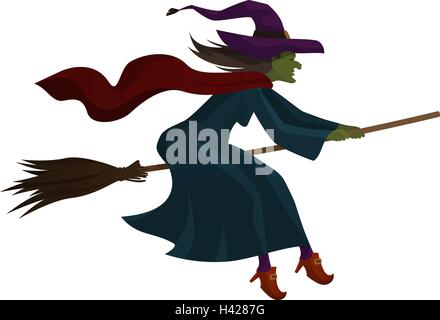 Halloween. Alte Hexe auf Besen fliegen. Vektor-illustration Stock Vektor