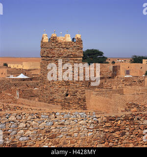 Mauretanien, Region Adrar, Chinguetti, Altstadt, Freitags-Moschee, Minarett, Afrika, West, Afrika, Oasenstadt, Oase, wirtschaftliche Lage, Ksar, Kultur, Aufbau, Strukturen, historisch, Moschee, sakrale Bau, Bethaus, islamische, Turm, Ort von Interesse, Wahrzeichen, UNESCO-Weltkulturerbe, niemand, wilde Landschaft, Himmel, Textfreiraum, Stockfoto