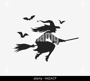 Silhouette Hexe auf Besen fliegen. Halloween-Vektor Stock Vektor