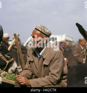 China, Region Sinkiang, Rahmung selbst, Senior, halbe Porträt, kein Model release, Asien, Seidenstraße, Xinjiang, Kashi, Stadt, Markt, Basar, Person, Uigure, Mann, alt, Muslim, Uigurisch, Vorschau, Muslim, Kopfbedeckungen, Mütze, Kappe, traditionell, in der Regel sitzen, warten, Esel, im Außenbereich Stockfoto