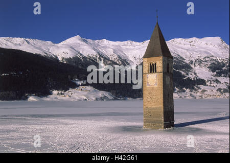 Italien, Südtirol, Vintschgauer Hochland, knackige See, iceboundly, Turm, abheben, winter, Europa, Nord-Italien, Vinschtgau, Zeit, Stausee, See, blockedly, ehemals Ort Graun, Alt-Graun, Herbst, Flut, 1949 - 1950, überflutet, awash, Submergedl Stockfoto