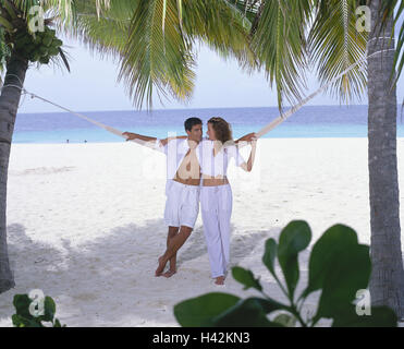 Strand, paar, jung, Palmen, Hängematte, entspannt, lehnen, Augenkontakt, Stockfoto