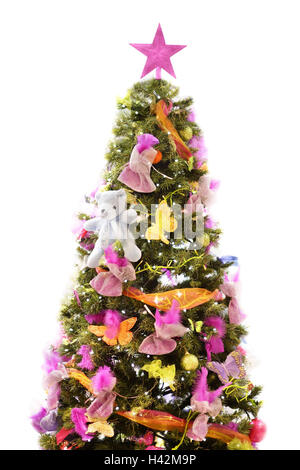 Weihnachtsbaum, Baum-Schmuck, hell, Weihnachten, Dekoration, Weihnachtsdekoration, Weihnachtsbaum, Weihnachtsbaum, dekoriert, kleine Teddybären, kleine Bären, Schmetterlinge, Federn, Kordeln, Schleifen, Stern, schmückt, moderne künstlich, gelb, rosa, lila, Orange, kreativ, Kitsch, Studio, Freisteller, Stockfoto