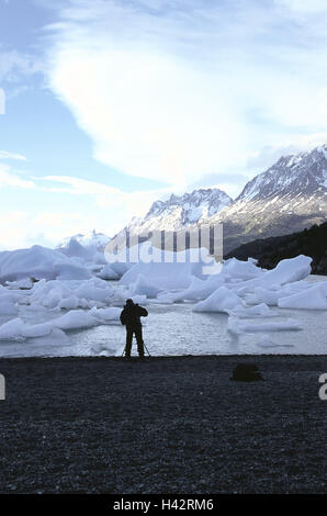 Chile, Patagonien, Parque Nacional Torres, del Paine, Lago Grey, Glaciar Grey, Co., Paine Grande, Tourist, Südamerika, Ziel, Ort von Interesse, Landschaft, Berge, Berge, Gletscher, Eis, Schnee, Himmel, Wolken, Eisberge, Natur, Stockfoto