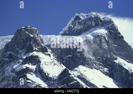 Chile, Patagonien, Parque Nacional Torres, del Paine, Valle del Frances, Glaciar, Frances, Co. Paine Grande, Südamerika, Ziel, Ort von Interesse, Landschaft, Berge, Berge, Gletscher, Eis, Schnee, wolkenlosen, blauen Himmel, Stockfoto