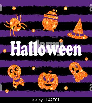 Halloween Party Banner mit Glanz Orange traditionelle Symbole Stock Vektor