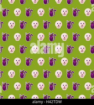 Nahtlose Textur mit bunten Katzen und Schädeln für Halloween Stock Vektor