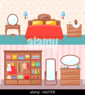 Flaches Design Schlafzimmer Innenraum. Vektor-Illustration. Moderne Möbel, Bett, Teppich, Tischleuchte. Kinderzimmer mit Spielzeug. Stock Vektor