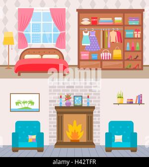 Schlafzimmer mit Fenster und Möbel. Kleiderschrank mit Kleidung und Spiegel. Flachen Stil-Vektor-Illustration. Stock Vektor