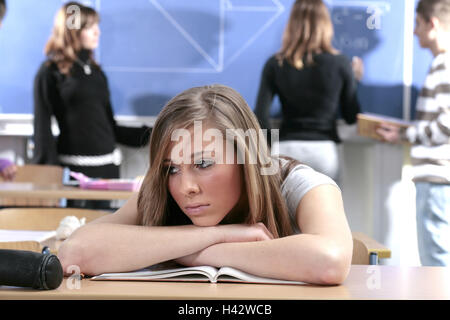 Schule, Unterricht, Schülerin, nachdenklich, Stockfoto