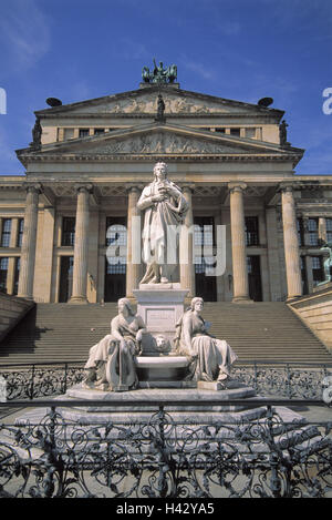 Deutschland, Berlin, den Gendarmenmarkt, Konzerthaus, Schillers Denkmal, Europa, Stadt, Stadt, Hauptstadt, Teil Stadt, Berlin-Mitte, Gebäude, Struktur, Theater, Architektur, baut im Jahr 1818 - 1821, architektonischen Stil Klassizismus, Architekt Schinkel, Ort o Stockfoto