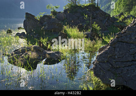 Österreich, Oberösterreich, Salzkammergut, Gosau, Gosausee, Felsformationen im See an sonnigen Tag Stockfoto