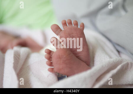 Neugeborenes Kind, detail, Füße, barfuß, Menschen, Baby, Kleinkind, Säugling, Baby-Füße, Baby Tootsies, klein, leise, zerknittert, winzige, zerstörbare, Kindheit, innen, Handtuch, Stockfoto