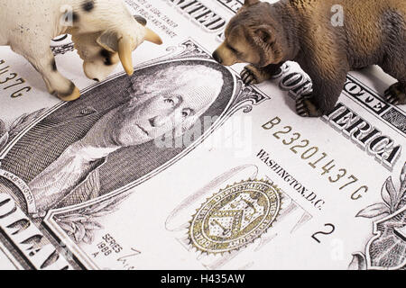 Dollarschein, Plastikfiguren, Bulle, Bär, Detail, Stockfoto