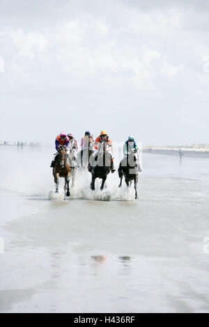 Deutschland, Niedersachsen, Cuxhaven, Watt, das Pferderennen, Gegenlicht, Norddeutschland, Strand, Wasser, seicht, Event, Galopp Rennen, Rennen, Event, Rennpferde, Pferde, Jockeys, Fahrt, Bewegung, Pferderennen, Attraktion, Wettbewerb, Reiten, Watt Rennen Stockfoto