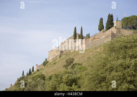 Fort, Hostalric, Costa Brava, Katalonien, Spanien, Berge, Hügel, Abhang, Hügel, Schlossberg, El Castell, Burgberg, Burg, Festung, Struktur, historisch, Architektur, Ort von Interesse, Vegetation, außerhalb, Stockfoto