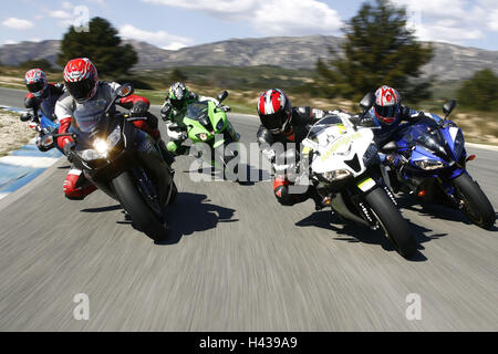 Straße, toller Sport-Motorräder, Reise, Biegung, Vorderansicht, Stockfoto