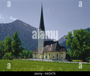 Deutschland, Oberbayern, Fischhausen, Wallfahrt Kirche St. Leonhard, Süddeutschland, Bayern, Platz, Platz, Wallfahrt, Wallfahrtsort, der Pilgerstätte, Kirche, Kirche, sakrale Bau, Gebäude, Kirchturm, Architektur, glauben, Religion, Christentum, Fischrestaurant Stockfoto