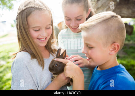 Kaukasischen jungen und Mädchen streicheln Kaninchen Stockfoto