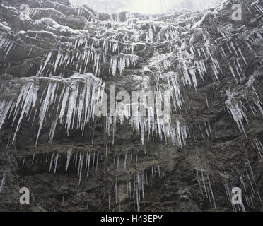 Felswand, Eiszapfen, Detail, Berge, Berge, Felsen, Schlucht, Schlucht, Saison, Winter, Kälte, Eis, stecken, fror, eisig, Natur, viele, Stockfoto