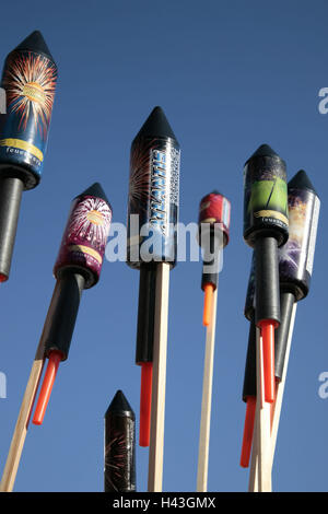 Silvester Eves, Feuerwerk, Raketen, Stockfoto