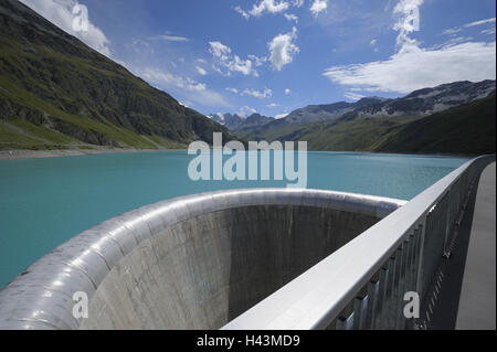 Schweiz, Wallis, Grimentz, Lac de Moiry, Reservoir, Traffic Jam Wehrmauer, dam, Bogen Traffic Jam Wehrmauer, Überlaufschutz, Sommer, Stockfoto