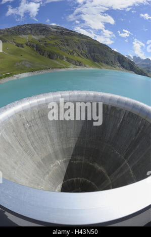 Schweiz, Wallis, Grimentz, Lac de Moiry, Reservoir, Traffic Jam Wehrmauer, dam, Bogen Traffic Jam Wehrmauer, Überlaufschutz, Sommer, Stockfoto