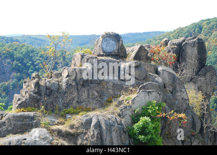 Deutschland, Sachsen-Anhalt, Harz, Thale, Bodetal, Hexe Tanz Etage, Wächlerfelsen, Aussichtsturm, Stockfoto