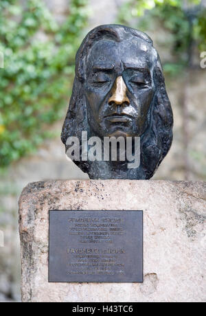 Spanien, Mallorca, Valldemossa, Denkmal, Bronze-Kopf, Fryderyk Chopin, Balearen, Balearen Insel, Statue, Büste, Kopf, Bronze, Komponist, Musiker, Pianist, Erinnerung, Gedenk Tabelle, Steintafel, Wahrzeichen, Stockfoto