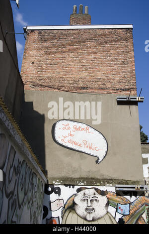 Belgien, Brüssel, Fassade des Hauses, Graffiti, detail, Europa, Benelux, Flandern, Westflandern, Gebäude, Architektur, Wand, Fassade, Kunst, street-Art, Malerei, Wandmalerei, außerhalb, Fassade Malerei, Sehenswürdigkeit, Sprechblase, Stockfoto
