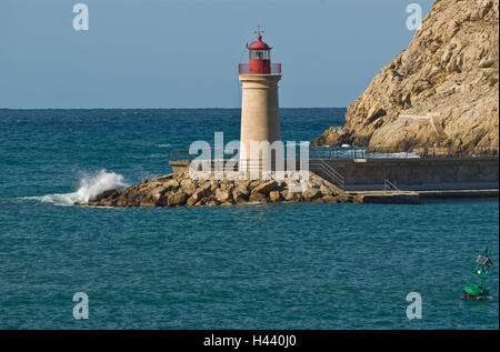 Spanien, Mallorca, Port d ' Andratx, Badia de Andratx, Küste, Leuchtturm, den Balearen, Balearen Insel, Küstenregion, Küstenlandschaft, das Mittelmeer, Galle Küste, Tower, flare, Signal, Reiseziel, Tourismus, Navigation, Navigationshilfe, Bucht, Winter, Stockfoto