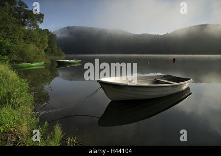 Deutschland, Hessen, Edersee Reservoir, Ruderboote, Morgennebel, Stockfoto