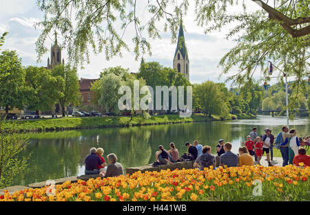 Deutschland, Baden-Wurttemberg, Bande Schloss, Neckar, Tourist, Stiftskirche St. Moriz, Neckartal, Fluss, Frühling, Person, Stiftskirche, Kirche, Kirche, Türme, Blumen, Tulpen, Blüte, gelb, Tourismus, Sonnenschein, Stockfoto