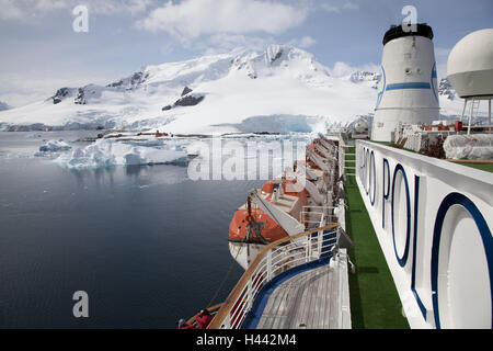 Antarktis, Südpolarmeer, Paradise Bay, Kreuzfahrtschiff Marco Polo, Deck, Detail, Rettungsboote, Ansicht, Küste, Stockfoto