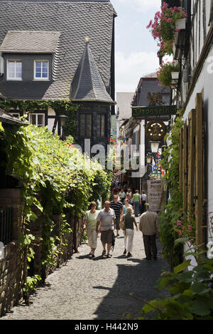 Deutschland, Hessen, Rheingau, rauhe Haus am Rhein, Drosselklappe Lane, Passanten, Europa, Rheintal, Mittelrhein-Tal, Stadt, Innenstadt, Altstadt, historisch, Häuser, Bars, Lane, Touristen, Besucher, Fußgänger, Tourismus, Reiseziel, Sommer, Fischrestaurant Stockfoto