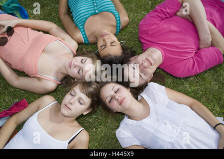 sechs junge Leute, Wiese, liegen, Kreis, dicht, Augen geschlossen, Stockfoto