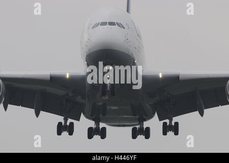 Airbus, Land Ansatz, Dunst, Reise durch die Luft, Flugzeuge, Landung, Reiseziel, Anreise, Aviation, air Traffic, Ansatz, Luftverkehr, Reisen, Tourismus, Flughafen, Flugzeug, Smog, Verkehr, A380, Beleuchtung, Stockfoto