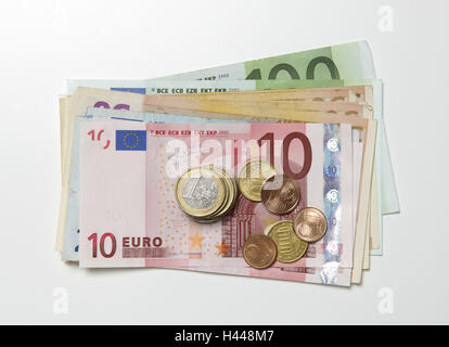 Banknoten, Münzen, Euro, Stapel, Stockfoto