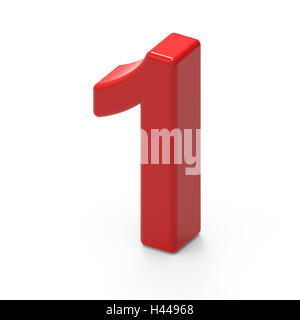 3D-Rendering glatte rote Nummer 1 isoliert auf weißem Hintergrund, glatte Textur, die rote Nummer, Ansicht von oben rechts Stockfoto