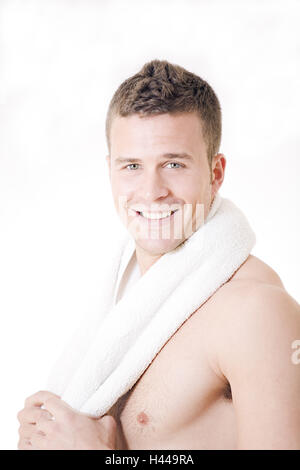 Mann, junge, Lächeln, kostenlose oberen Teil des Körpers, Handtuch, halbe Porträt, side View, Modell veröffentlicht, Stockfoto