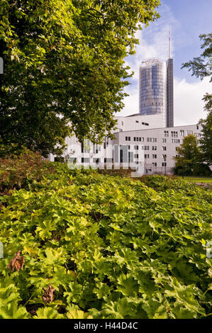 Stadtgarten mit Oper und RWE-Turm, Essen, North Rhine-Westphalia, Germany, Stockfoto