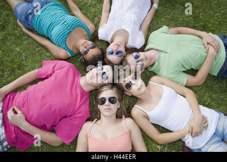 sechs Jugendliche, Wiese, Lüge, Kreis, dicht, Sonnenbrille, Stockfoto