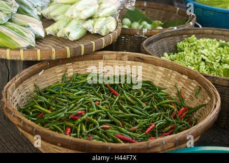 Chili Padi, Bird es Eye Chili Bird Chili, Pfeffer Thai auf Dreschen Korb. Stockfoto