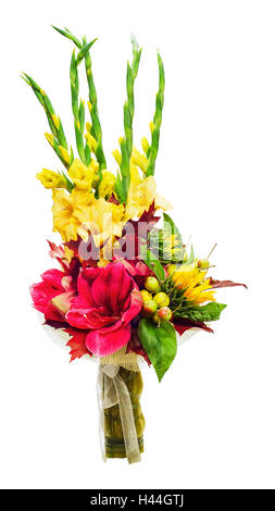 Bunter Strauß von Amaryllis, Gladiolen, Sonnenblumen, Obst und andere Blumen Anordnung Herzstück isoliert auf weißem staatlich Stockfoto