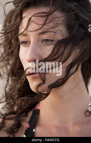 Frau, lange Haare, locken, Porträt, Schnitt, beschnitten, Detail, Stockfoto